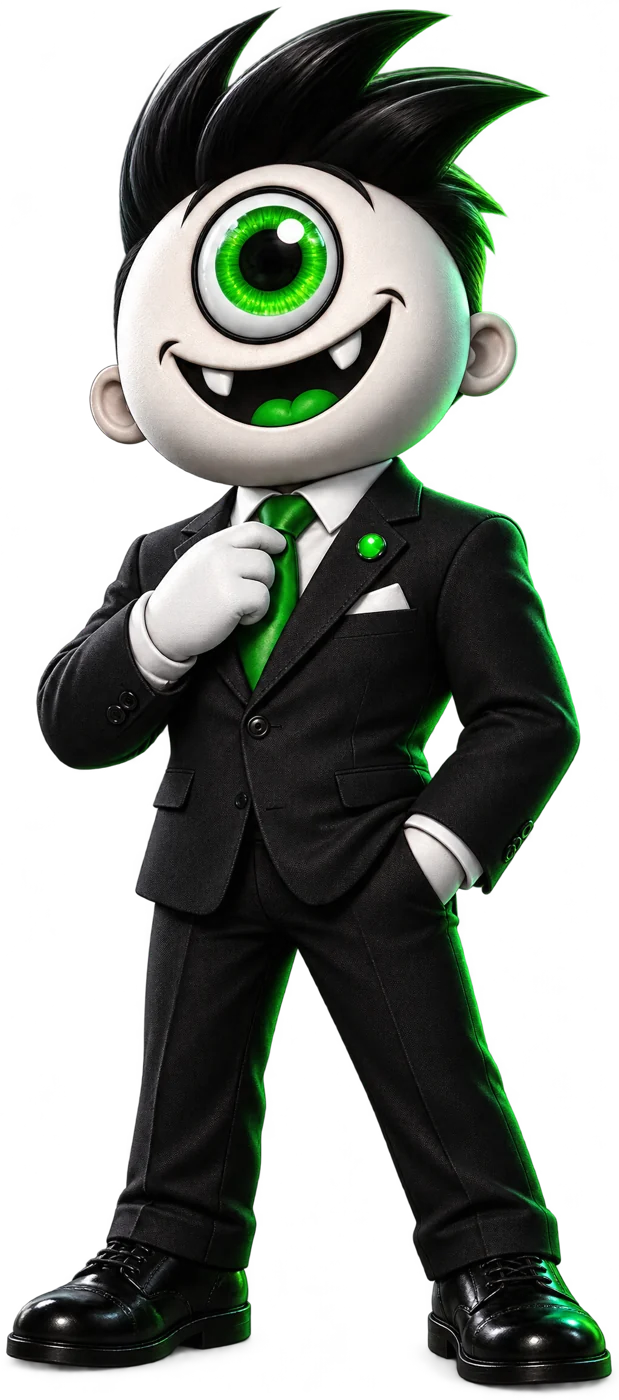 KLOZR, the Sales Monster closer, in a black suit and green tie